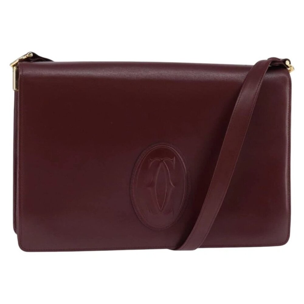 CARTIER Must Line Shoulder Bag Leather Bordeaux Gold Auth BA7015